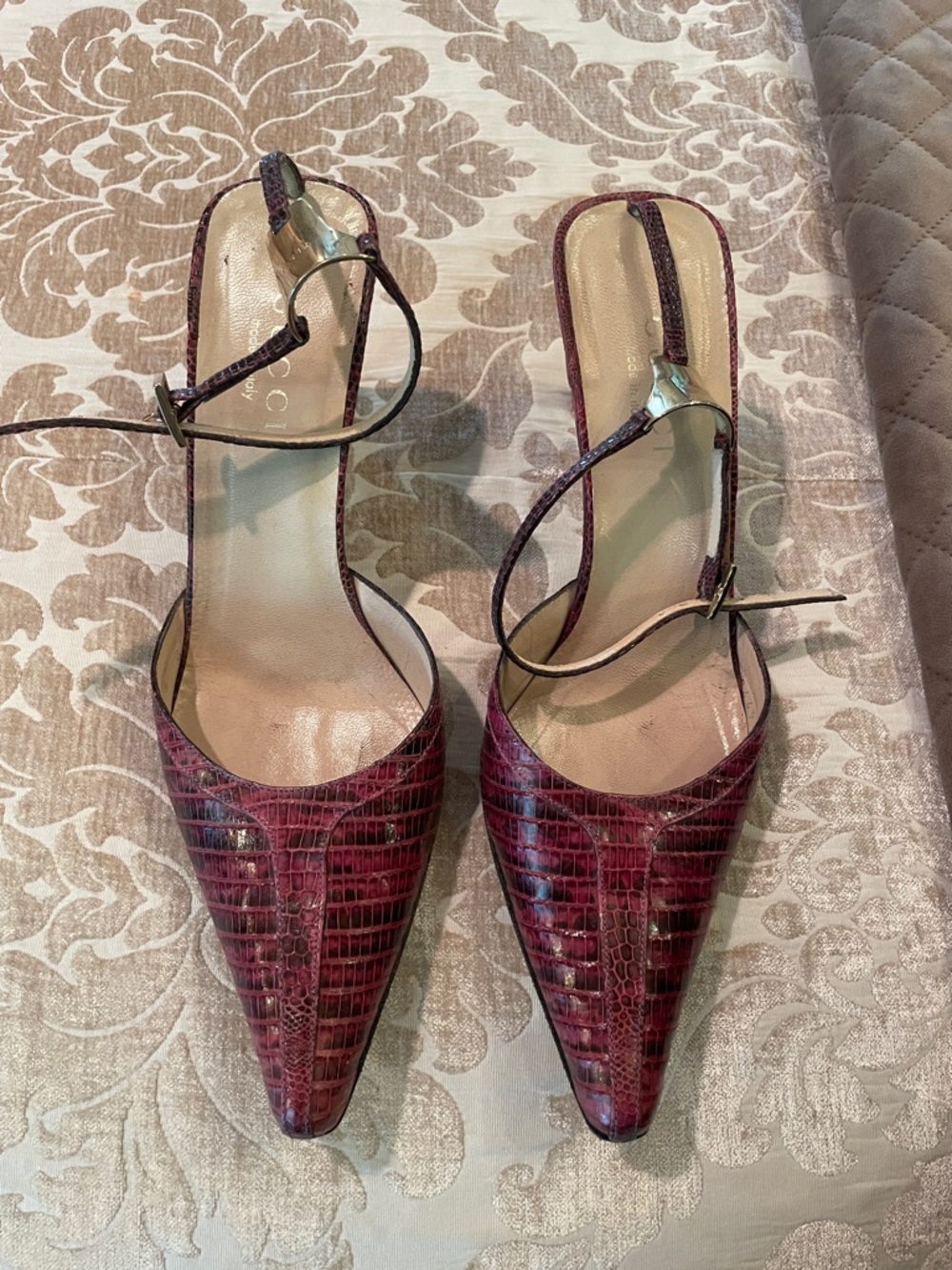 Gucci Burgundy Croc-Embossed Pointed Toe Ankle-Strap Pumps
